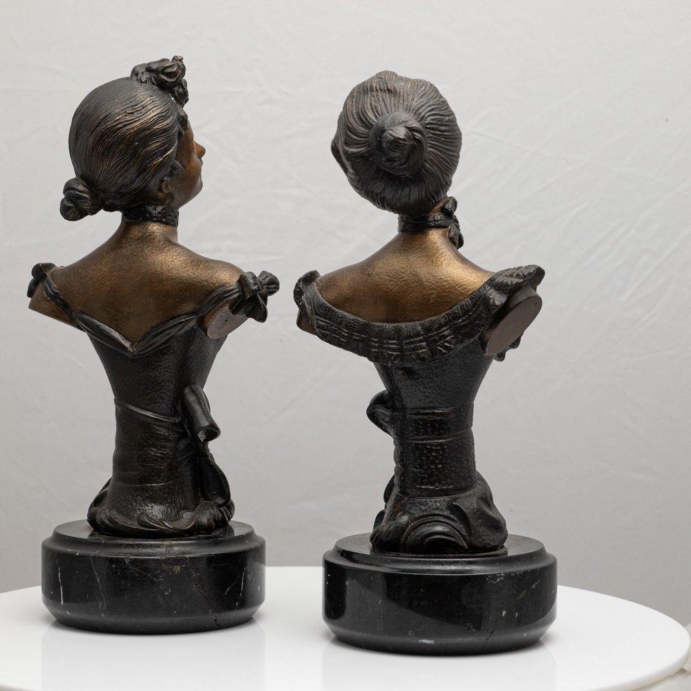 French Pair of Vintage Patinated Bronze Busts on Marble Bases