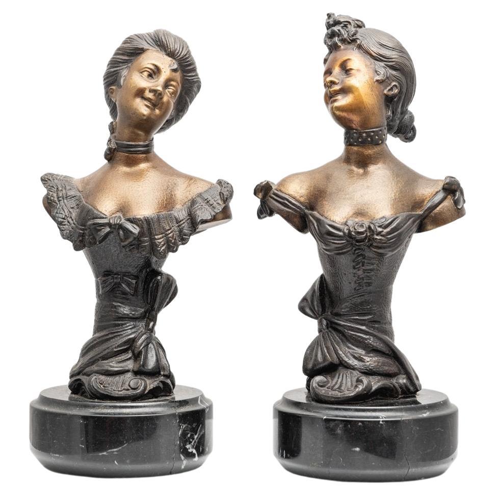 Pair of Vintage Patinated Bronze Busts on Marble Bases