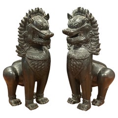 Pair of Vintage Patinated Bronze Thai "Singha" Guardian Lions / Foo Dogs