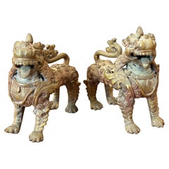 Pair of Vintage Patinated Bronze Thai "Singha" Guardian Lions / Foo Dogs
