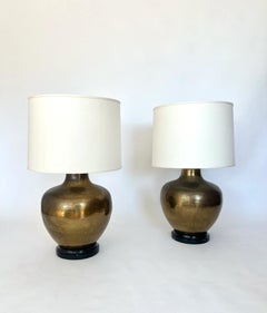 Pair of Vintage Paul Hanson Hammered Brass Table Lamps, circa 1970s