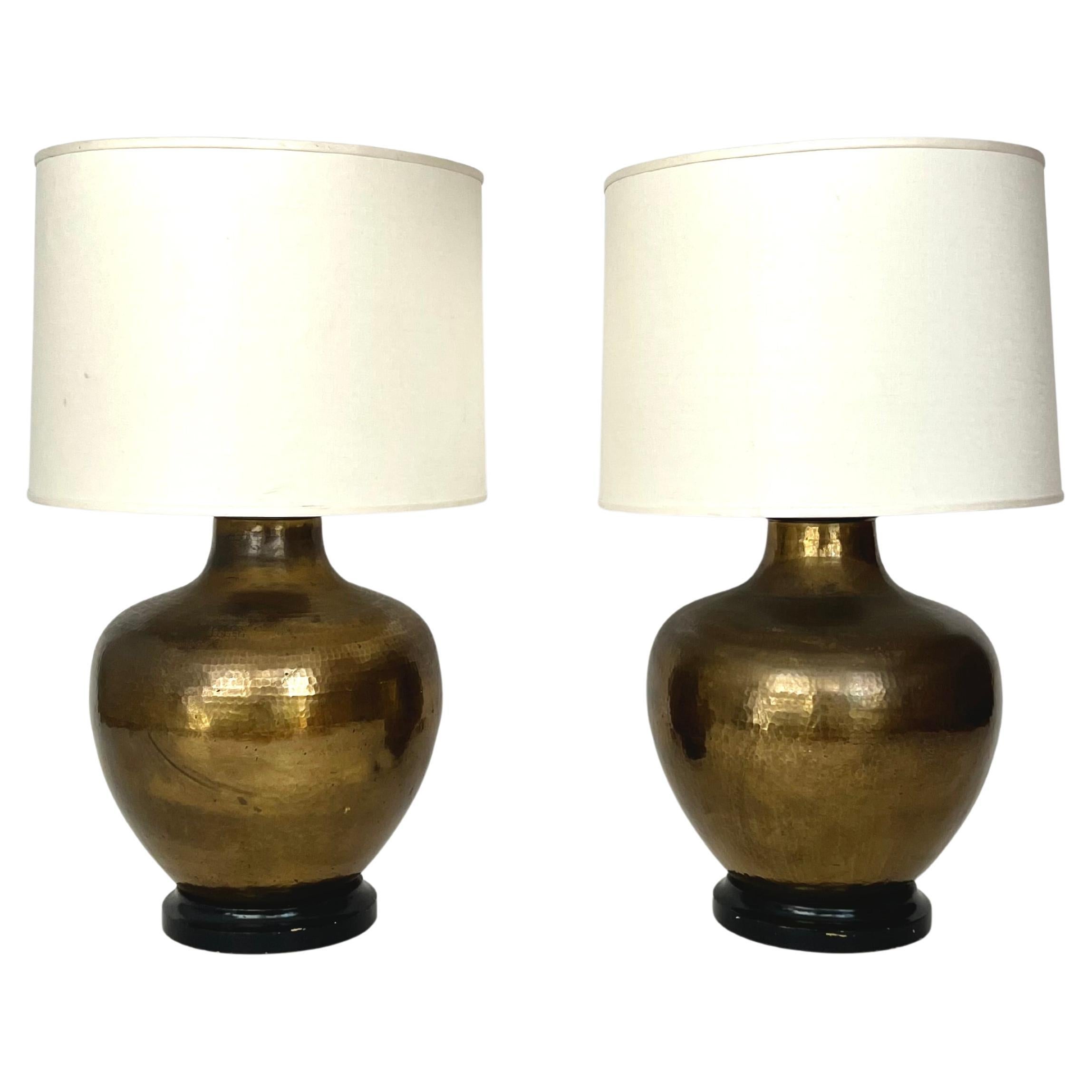 Pair of Vintage Paul Hanson Hammered Brass Table Lamps, circa 1970s