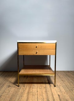 Pair of Vintage Paul McCobb Calvin Milk Glass and Cane End Tables