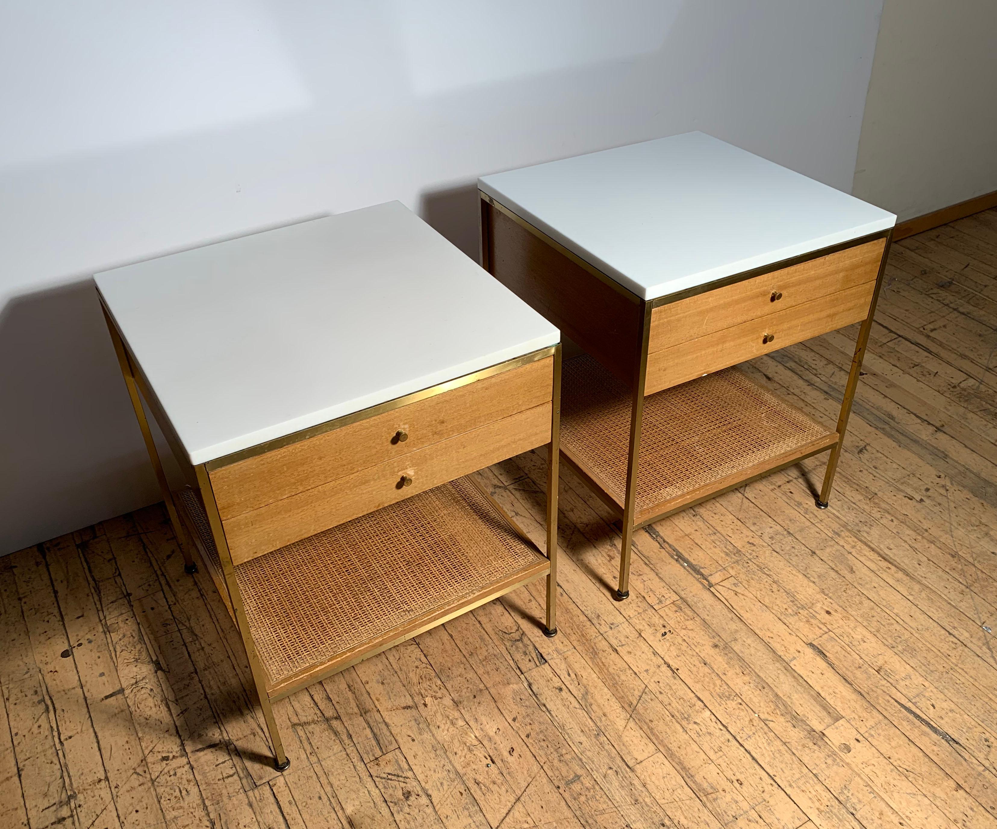 20th Century Pair of Vintage Paul McCobb Calvin Milk Glass and Cane End Tables For Sale