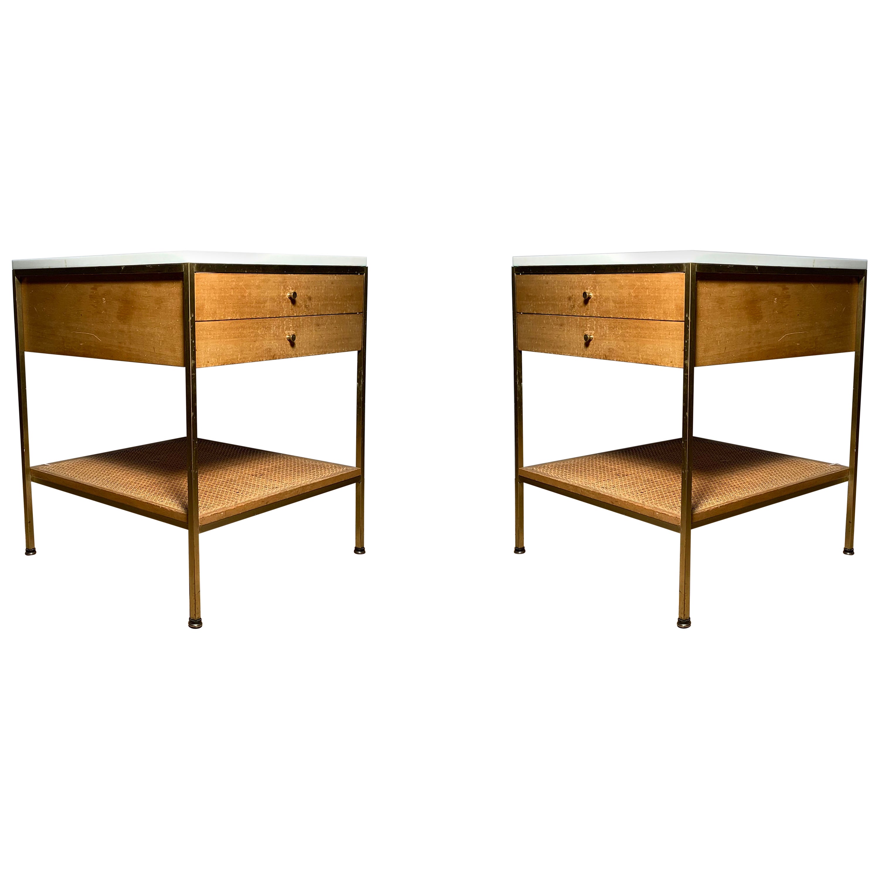 Pair of Vintage Paul McCobb Calvin Milk Glass and Cane End Tables
