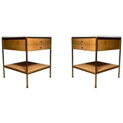 Pair of Vintage Paul McCobb Calvin Milk Glass and Cane End Tables