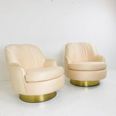 Pair of Vintage Peach Milo Baughman Swivel Chairs with Brass Plinths