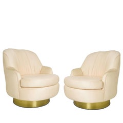 Pair of Vintage Peach Milo Baughman Swivel Chairs with Brass Plinths