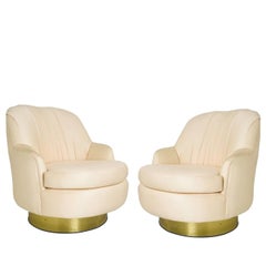 Pair of Vintage Peach Milo Baughman Swivel Chairs with Brass Plinths