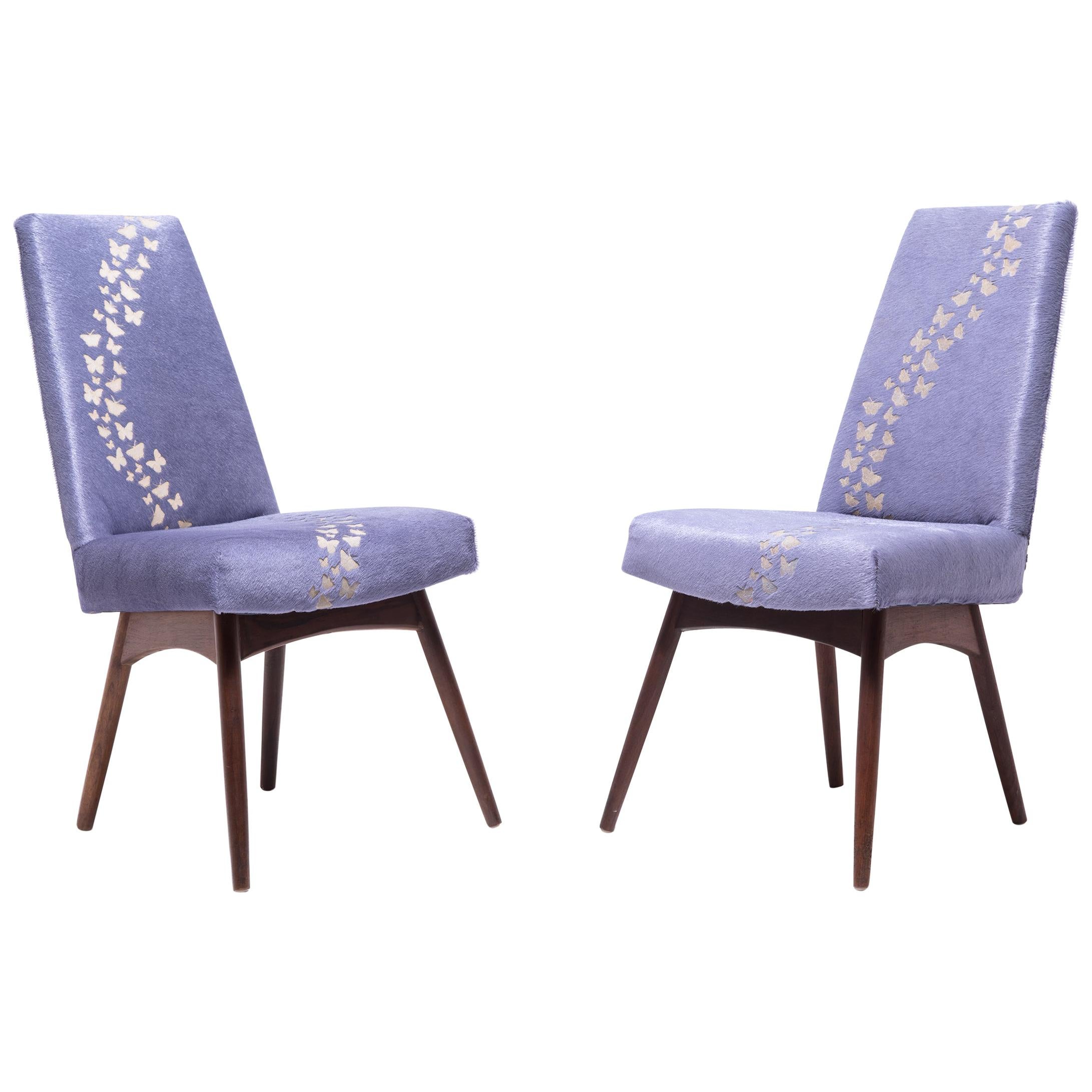 Pair of Vintage Pearsall Chairs with Laser-Cut Butterflies on Hide For Sale