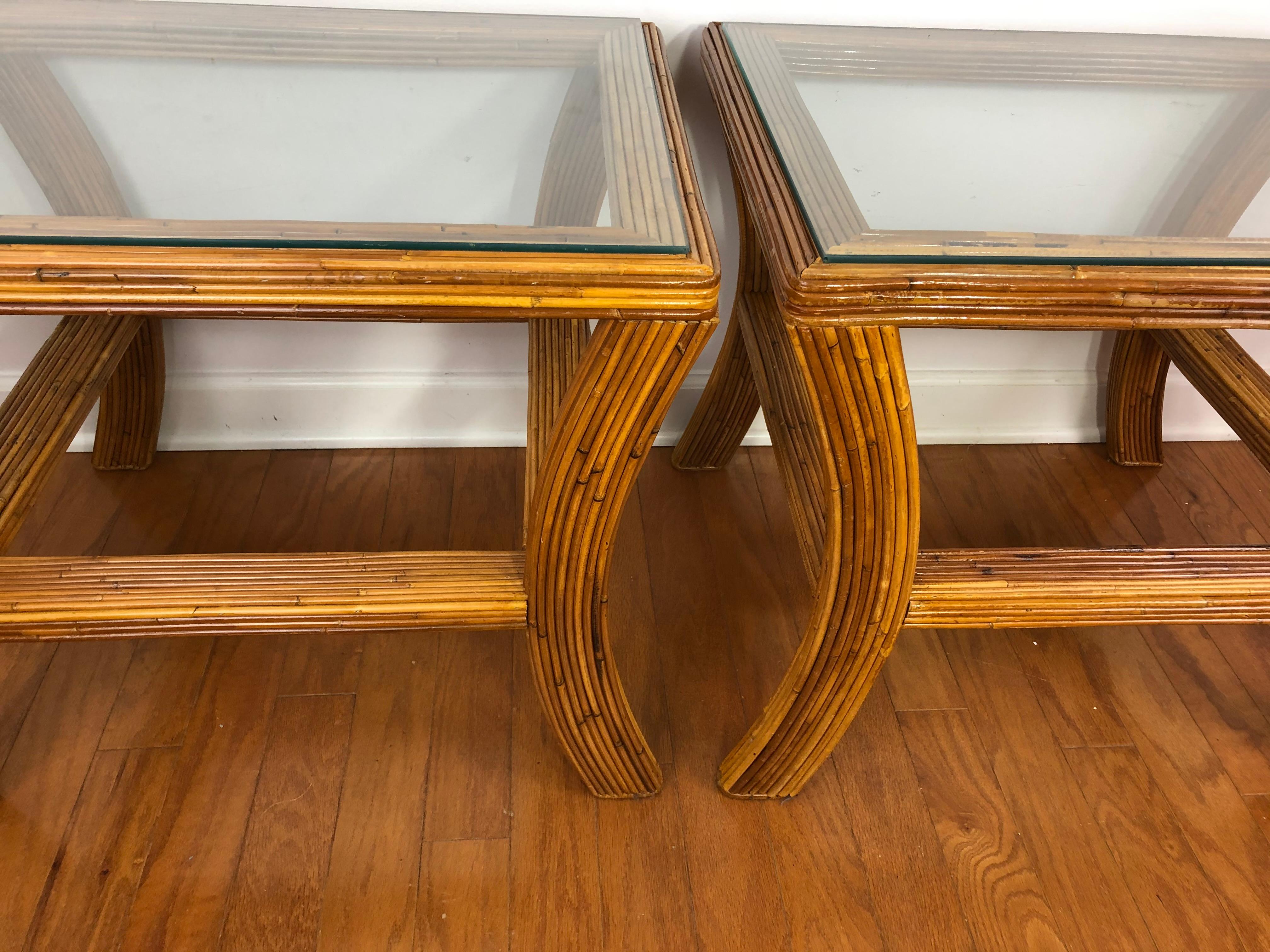 Pair of Vintage Pencil Reed Rattan Side Tables For Sale 8