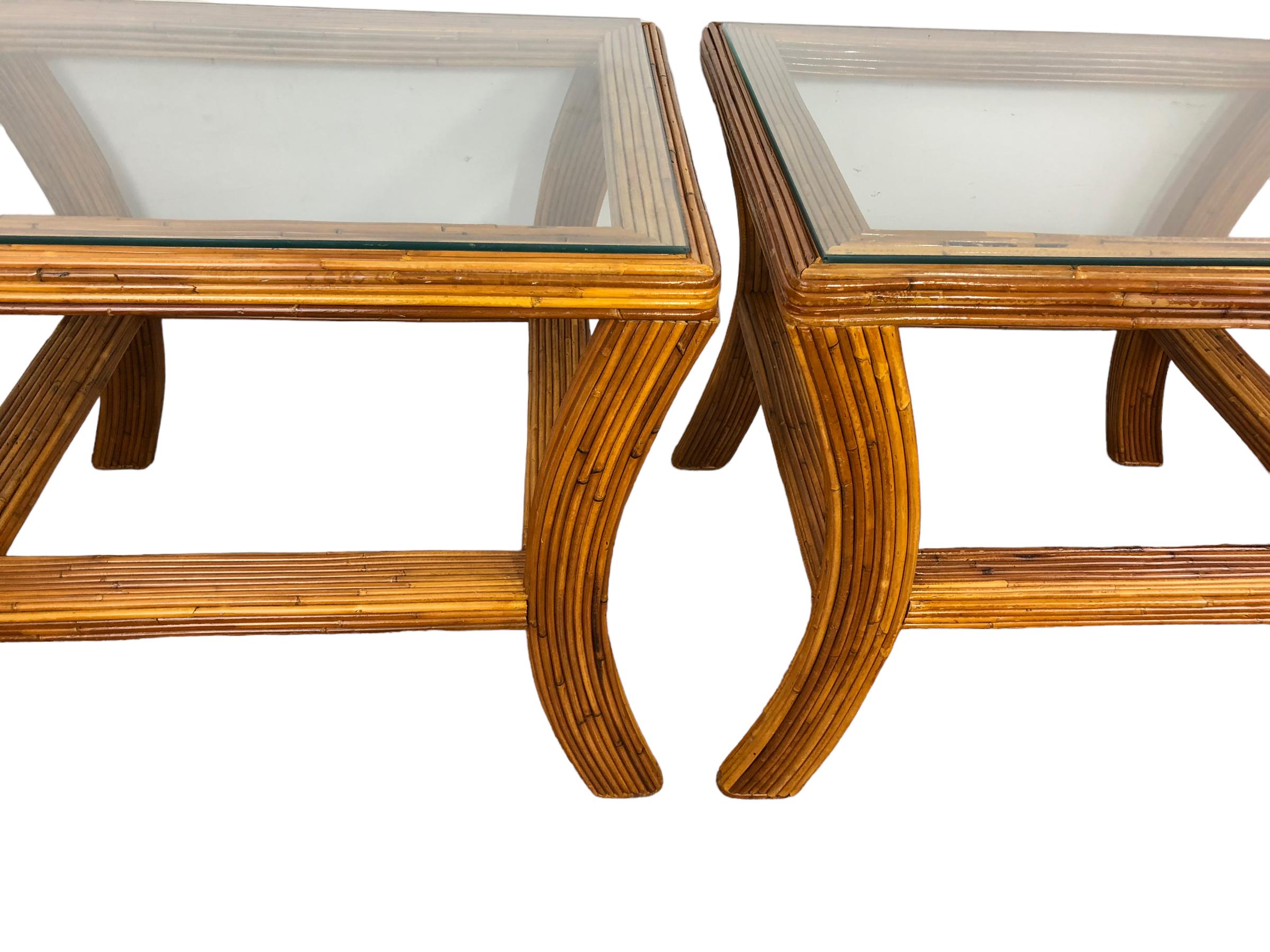 Mid-20th Century Pair of Vintage Pencil Reed Rattan Side Tables For Sale