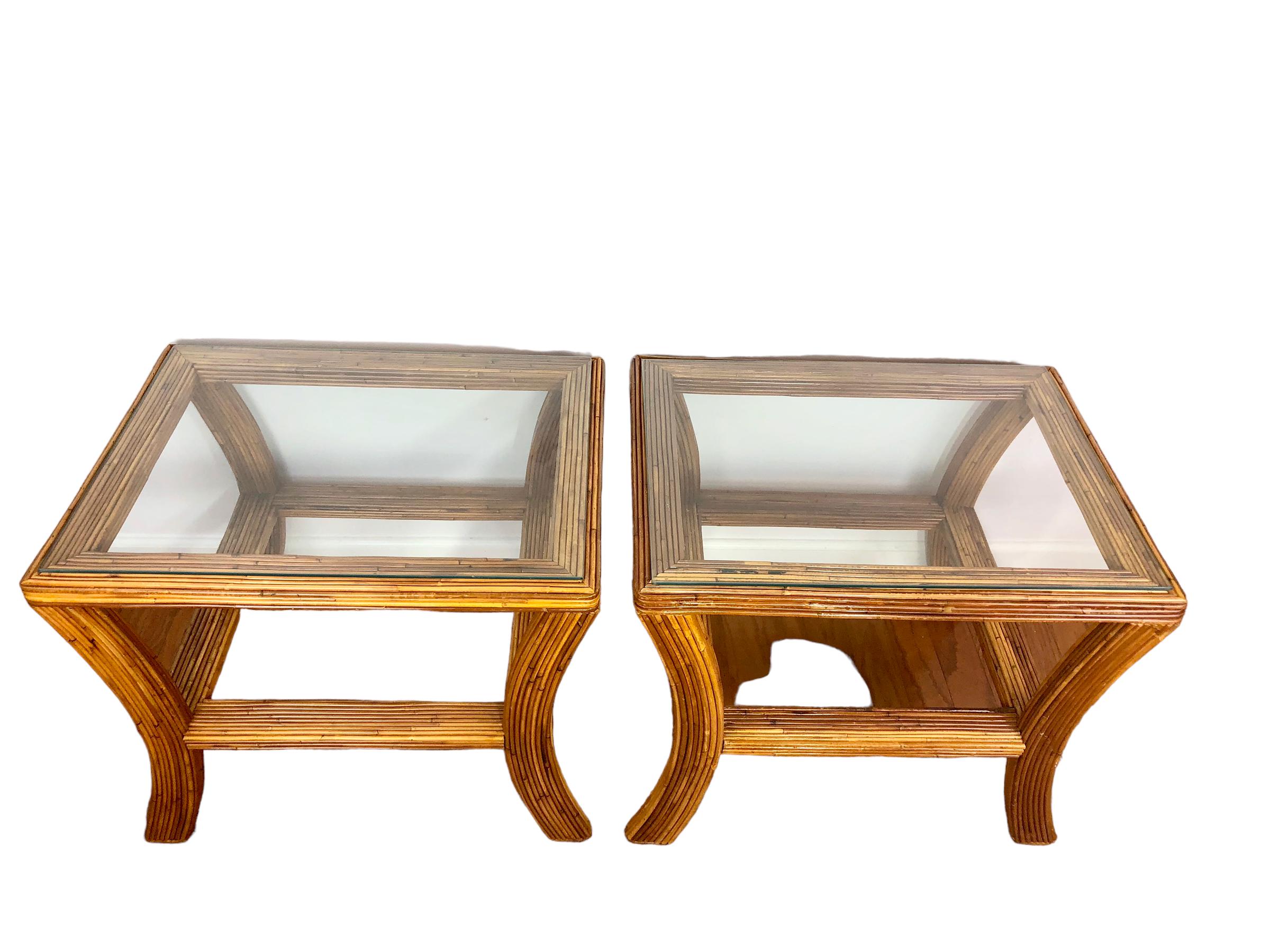 Pair of Vintage Pencil Reed Rattan Side Tables For Sale 2