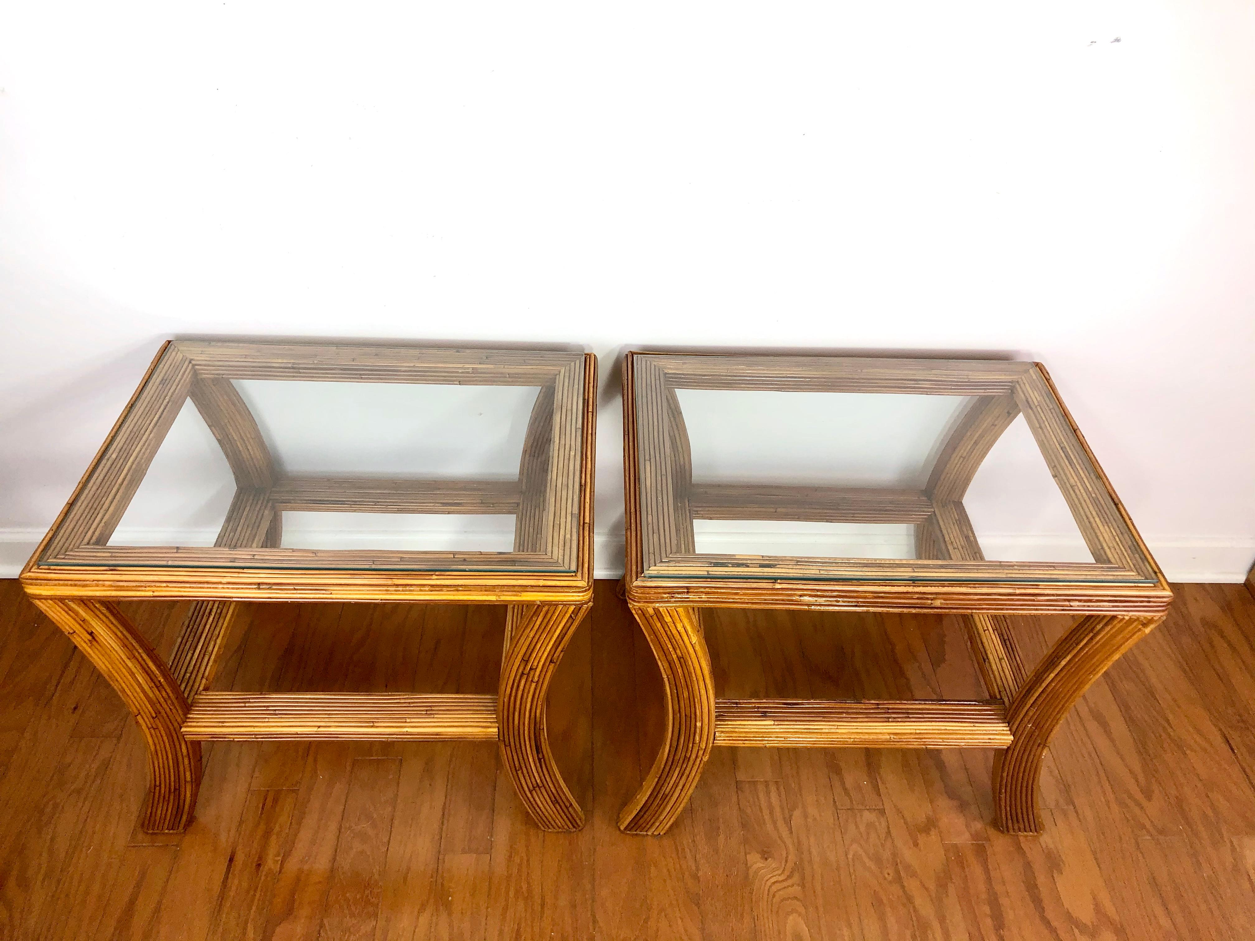 Pair of Vintage Pencil Reed Rattan Side Tables For Sale 5
