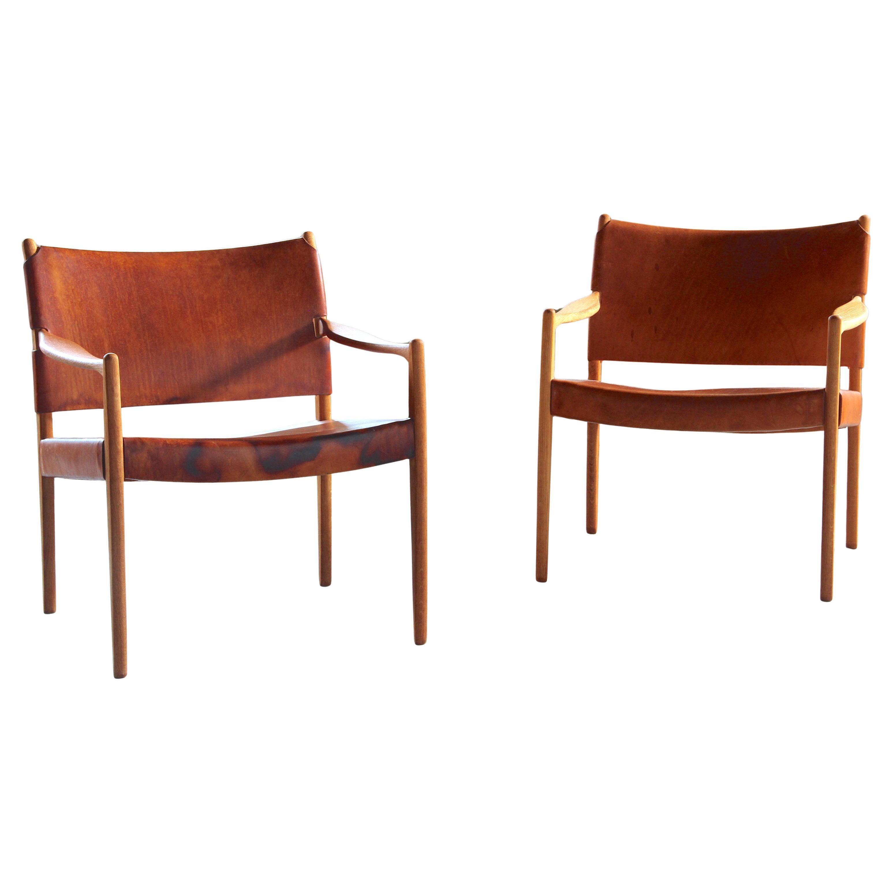 Pair of Vintage Per-Olof Scotte "Premier 69" Oak Armchairs in Cognac Leather For Sale