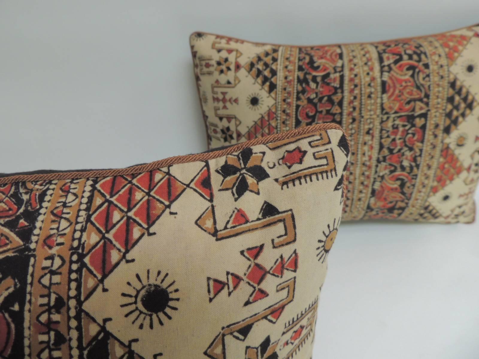 Moorish Pair of Vintage Persian Hand-Blocked Kalamkari Bolster Decorative Throw Pillows