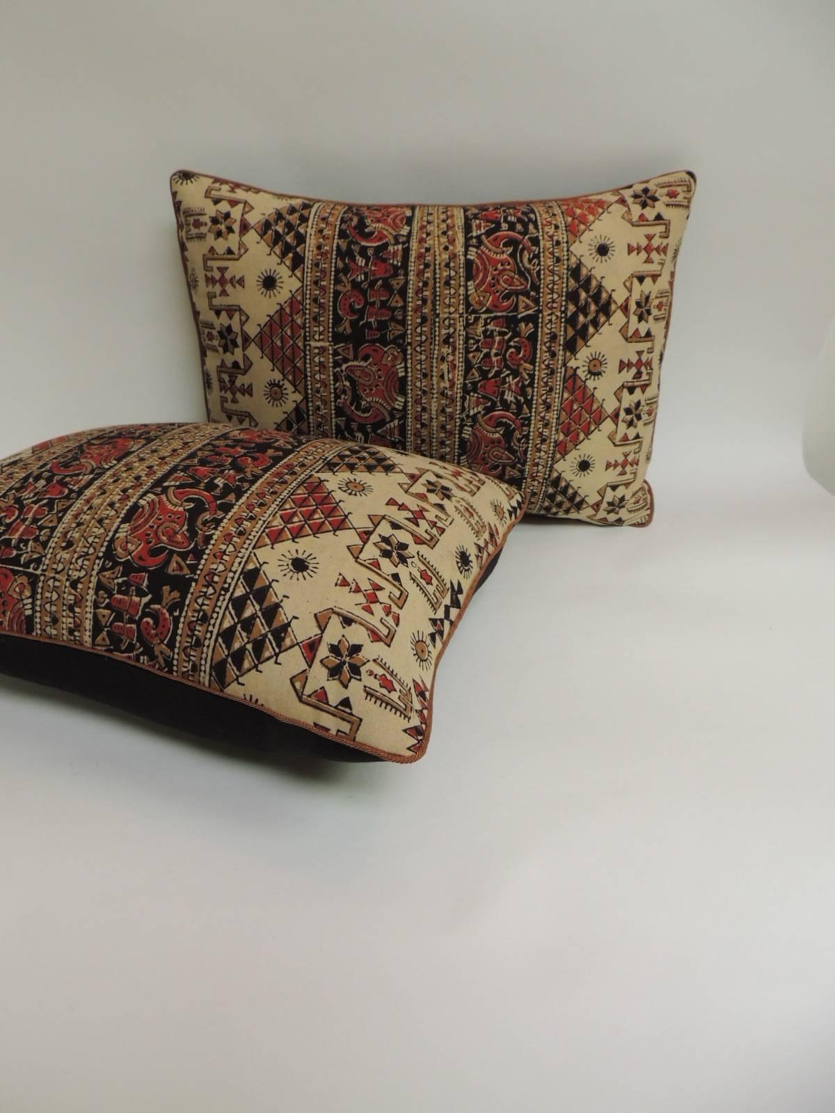 Azerbaijani Pair of Vintage Persian Hand-Blocked Kalamkari Bolster Decorative Throw Pillows