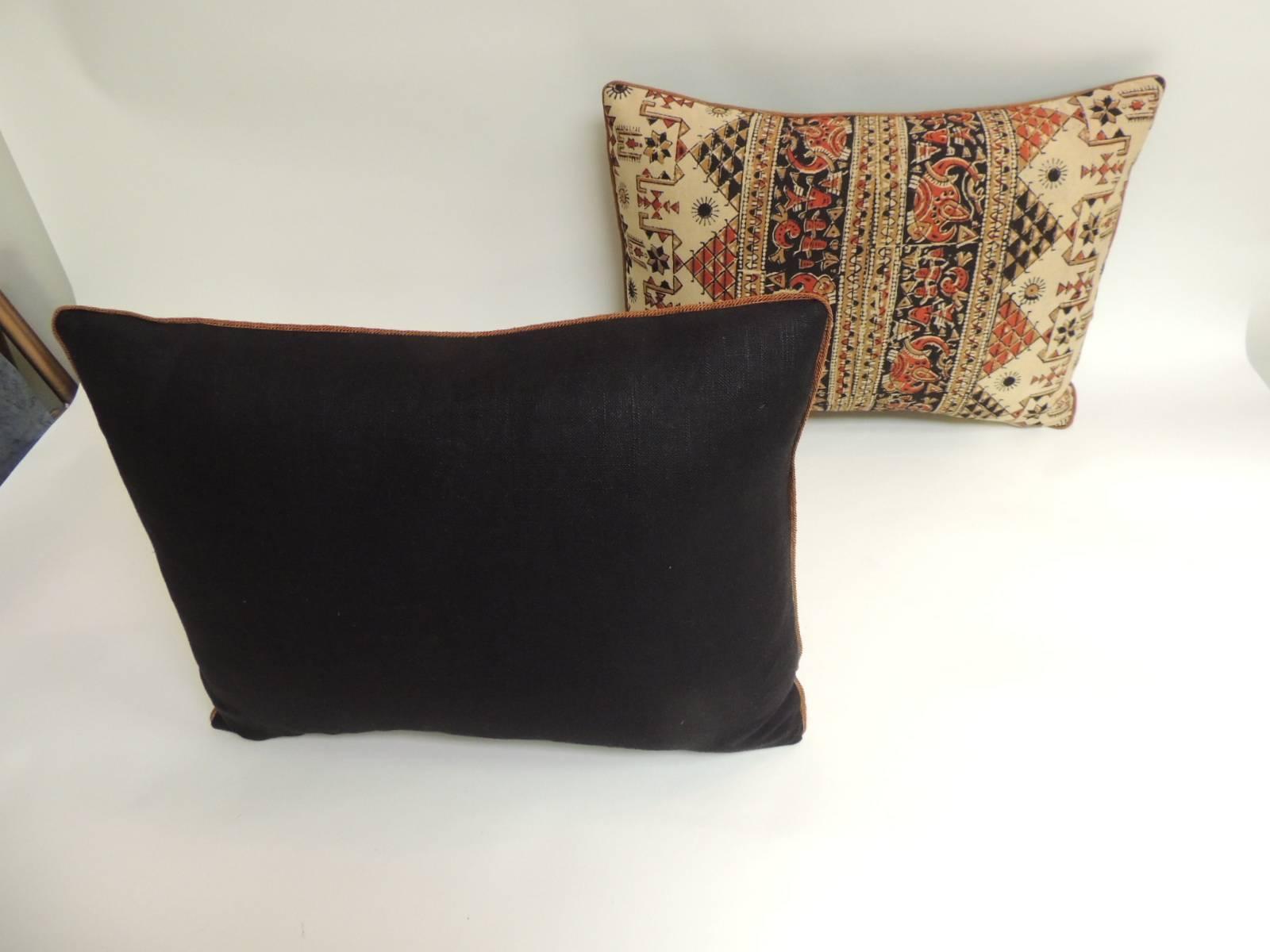 Hand-Crafted Pair of Vintage Persian Hand-Blocked Kalamkari Bolster Decorative Throw Pillows