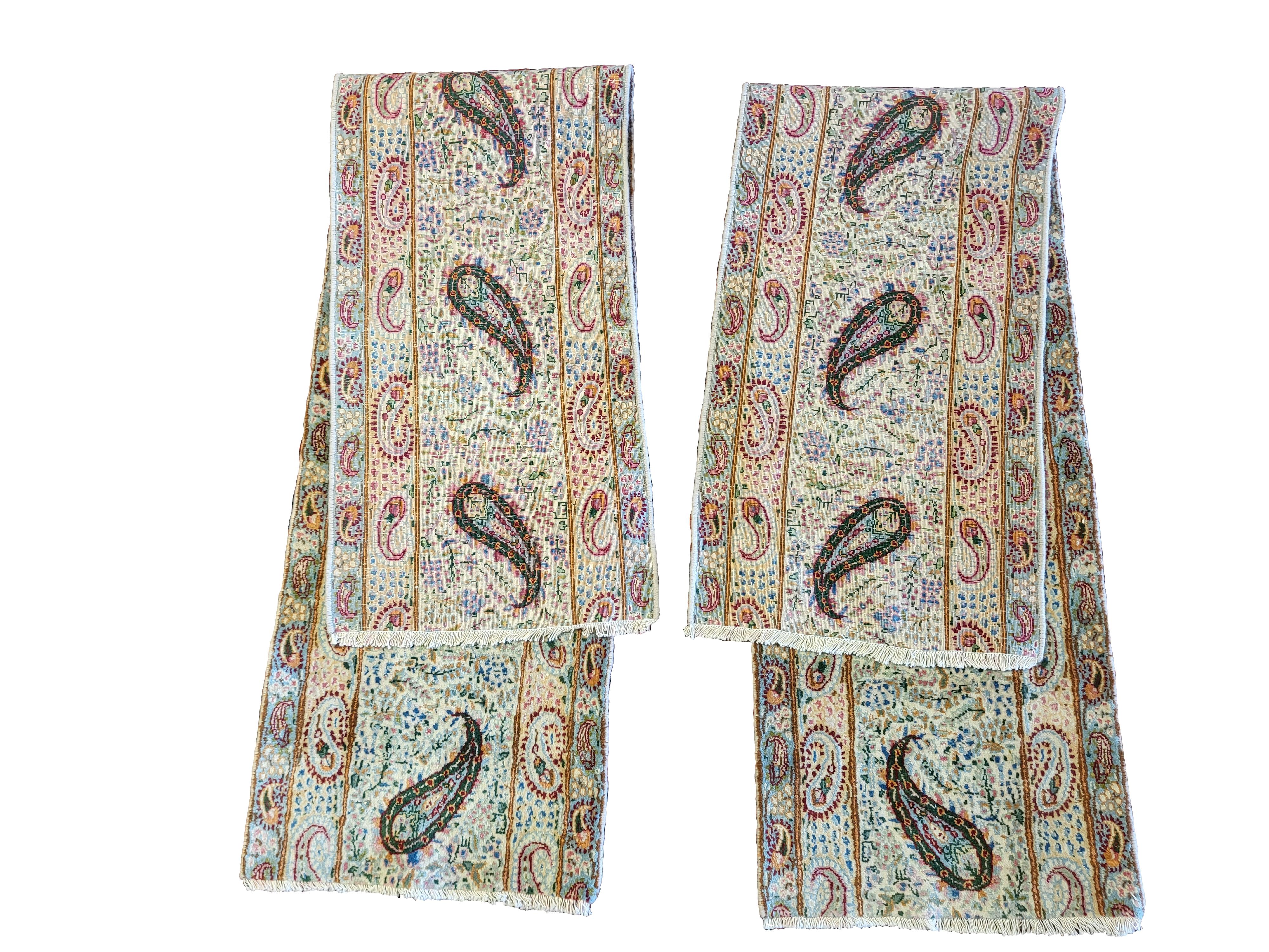 Hand-Knotted Pair of Vintage Persian Kerman Runners - Cream & Pastel Colors, Paisley Design For Sale
