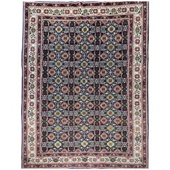 Pair of Vintage Persian Tabriz in Allover Geometric Pattern in Navy , Ivory