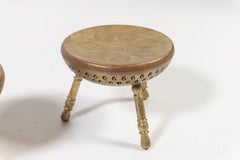 Pair of Vintage Persian Tri-Legged Brass Brazier Foot Stools with Floral Motif