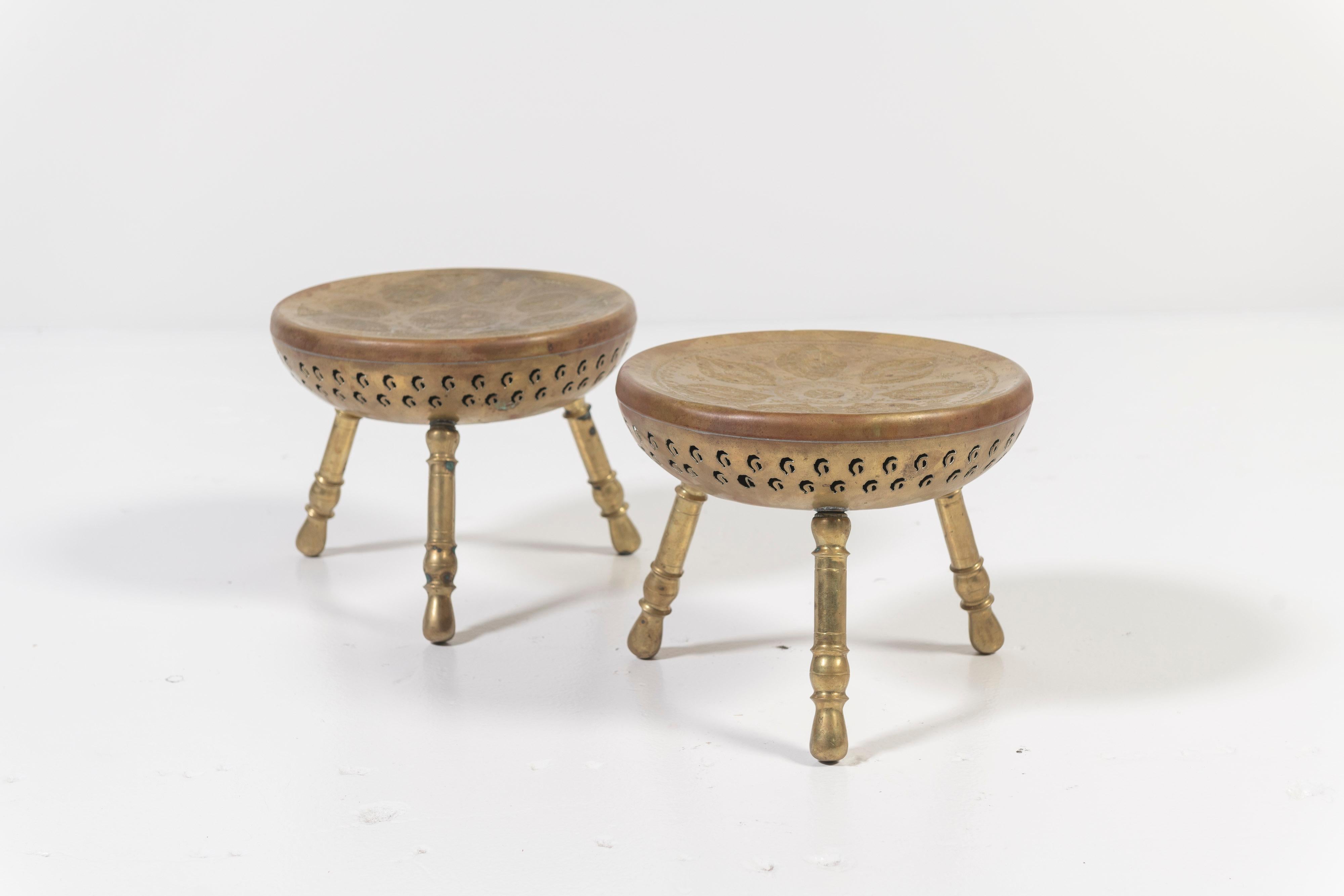 Engraved Pair of Vintage Persian Tri-Legged Brass Brazier Foot Stools with Floral Motif