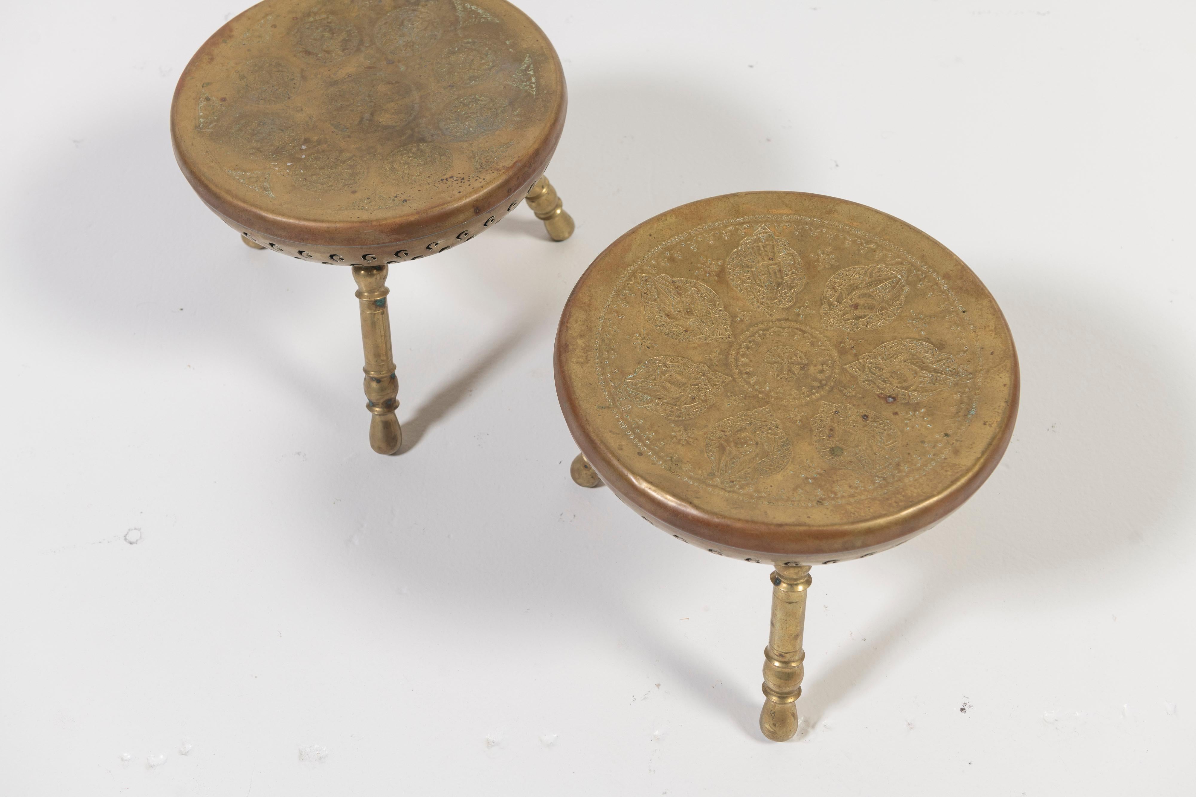 Pair of Vintage Persian Tri-Legged Brass Brazier Foot Stools with Floral Motif In Good Condition In San Francisco, CA
