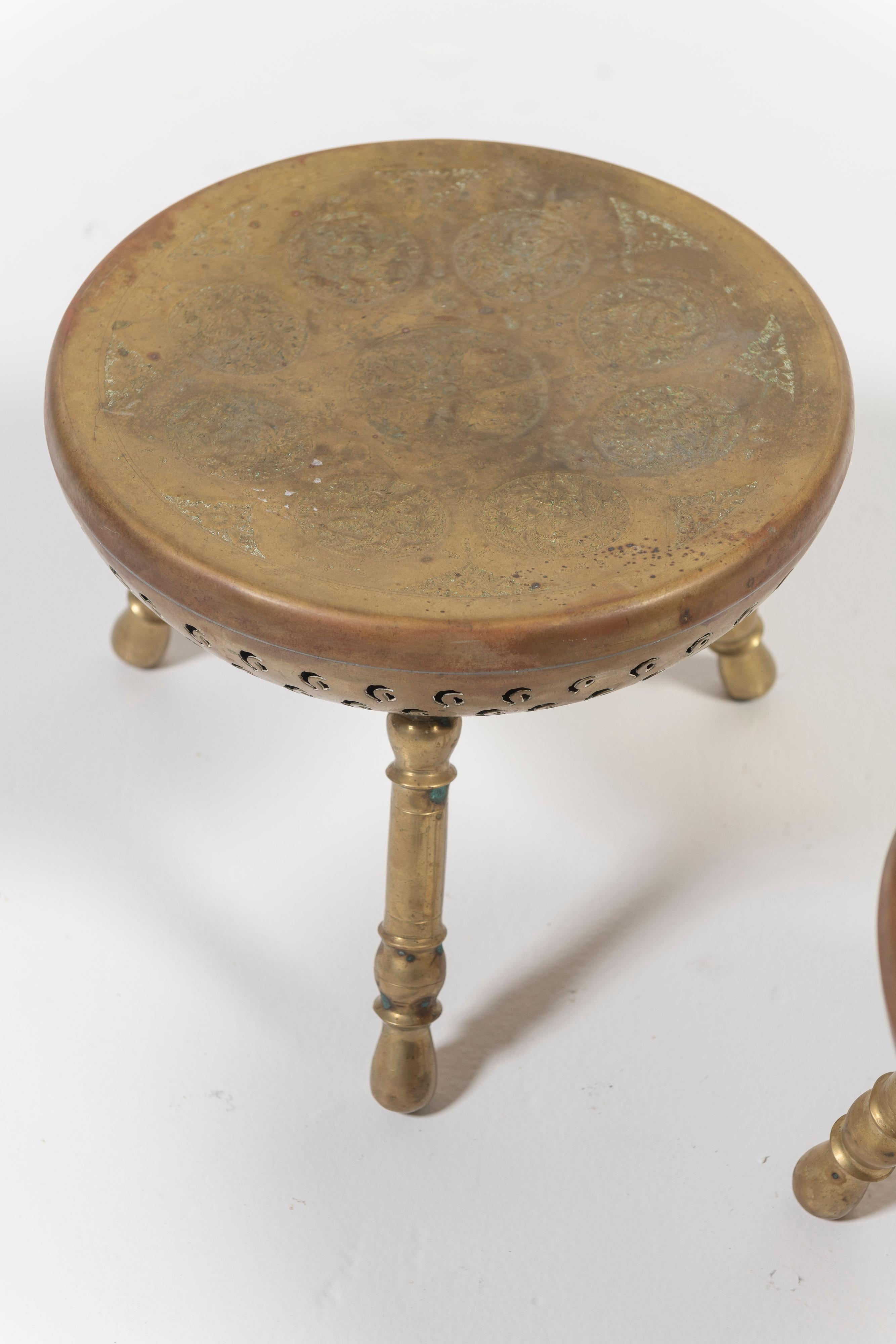 19th Century Pair of Vintage Persian Tri-Legged Brass Brazier Foot Stools with Floral Motif
