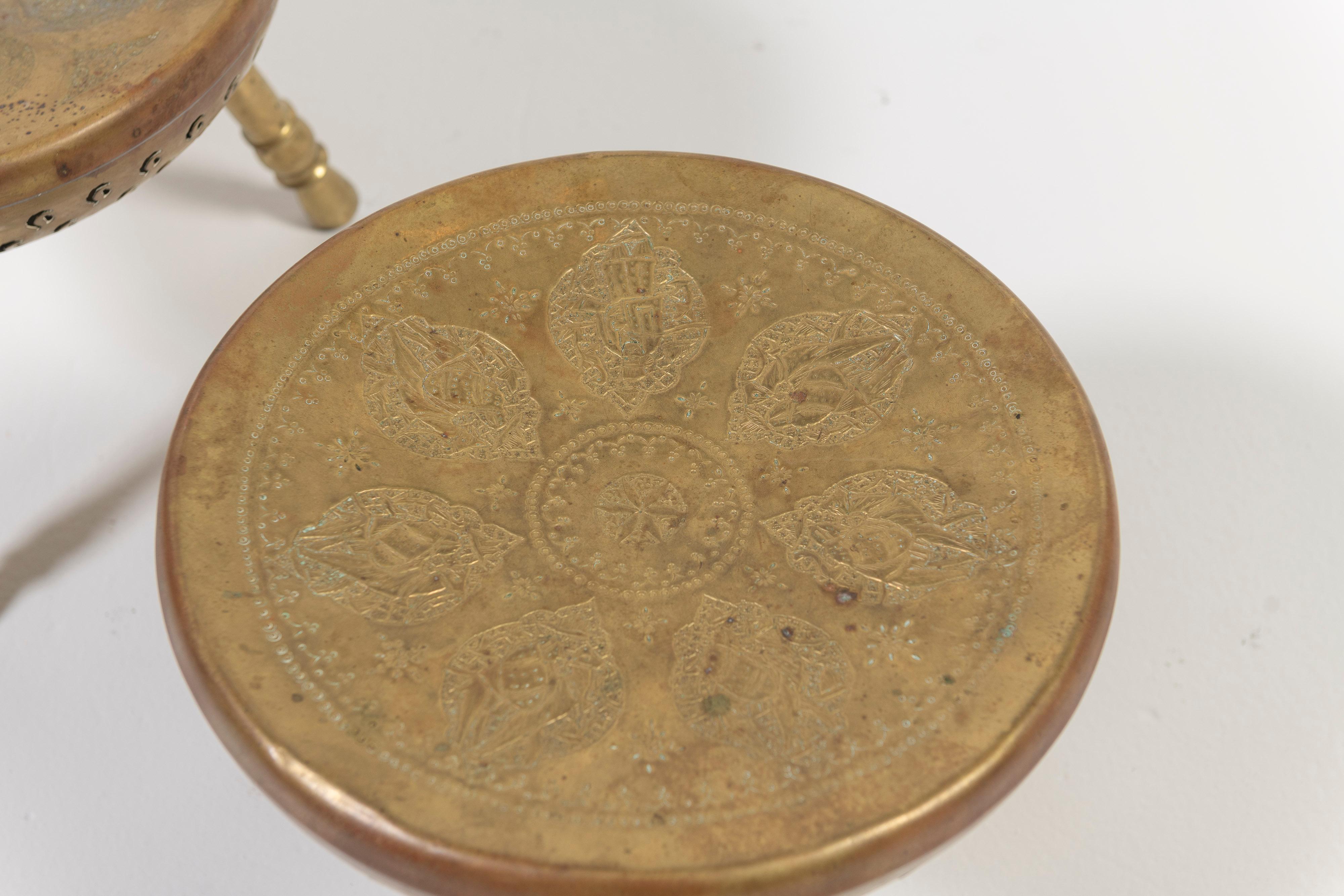 Pair of Vintage Persian Tri-Legged Brass Brazier Foot Stools with Floral Motif 1