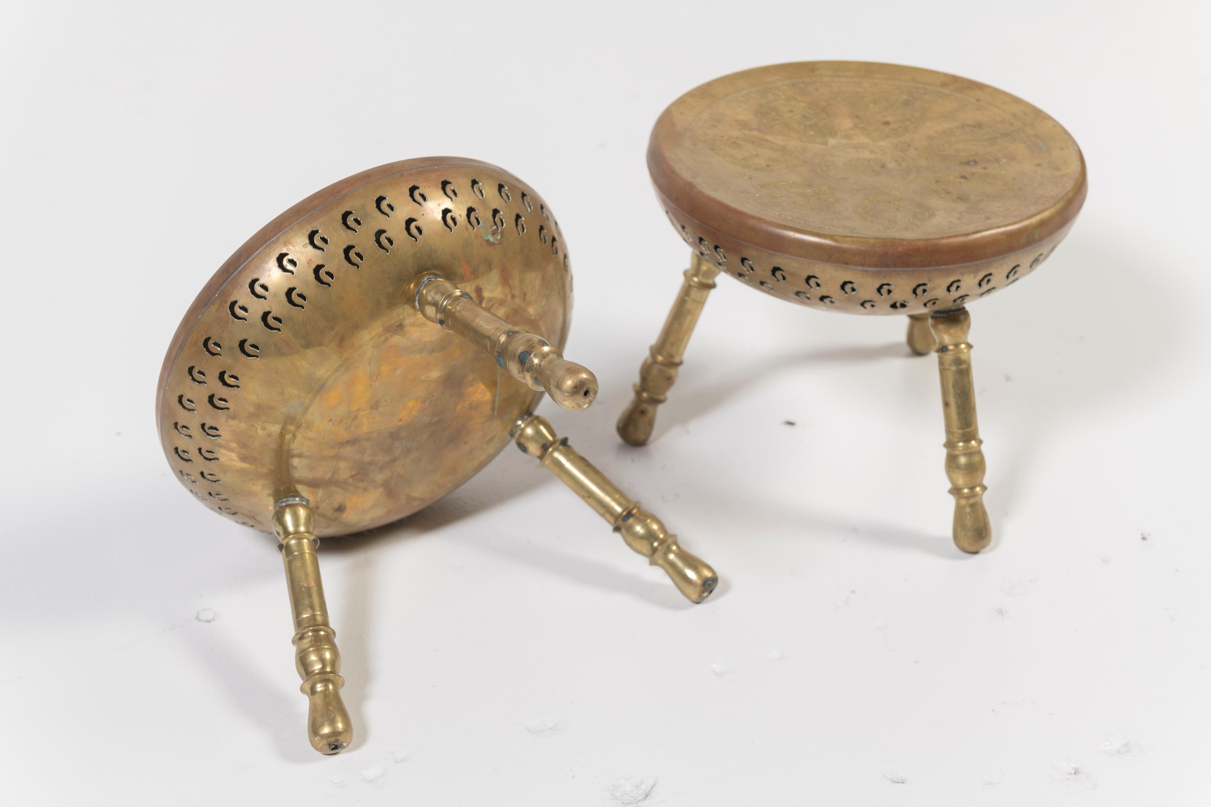 Pair of Vintage Persian Tri-Legged Brass Brazier Foot Stools with Floral Motif 2