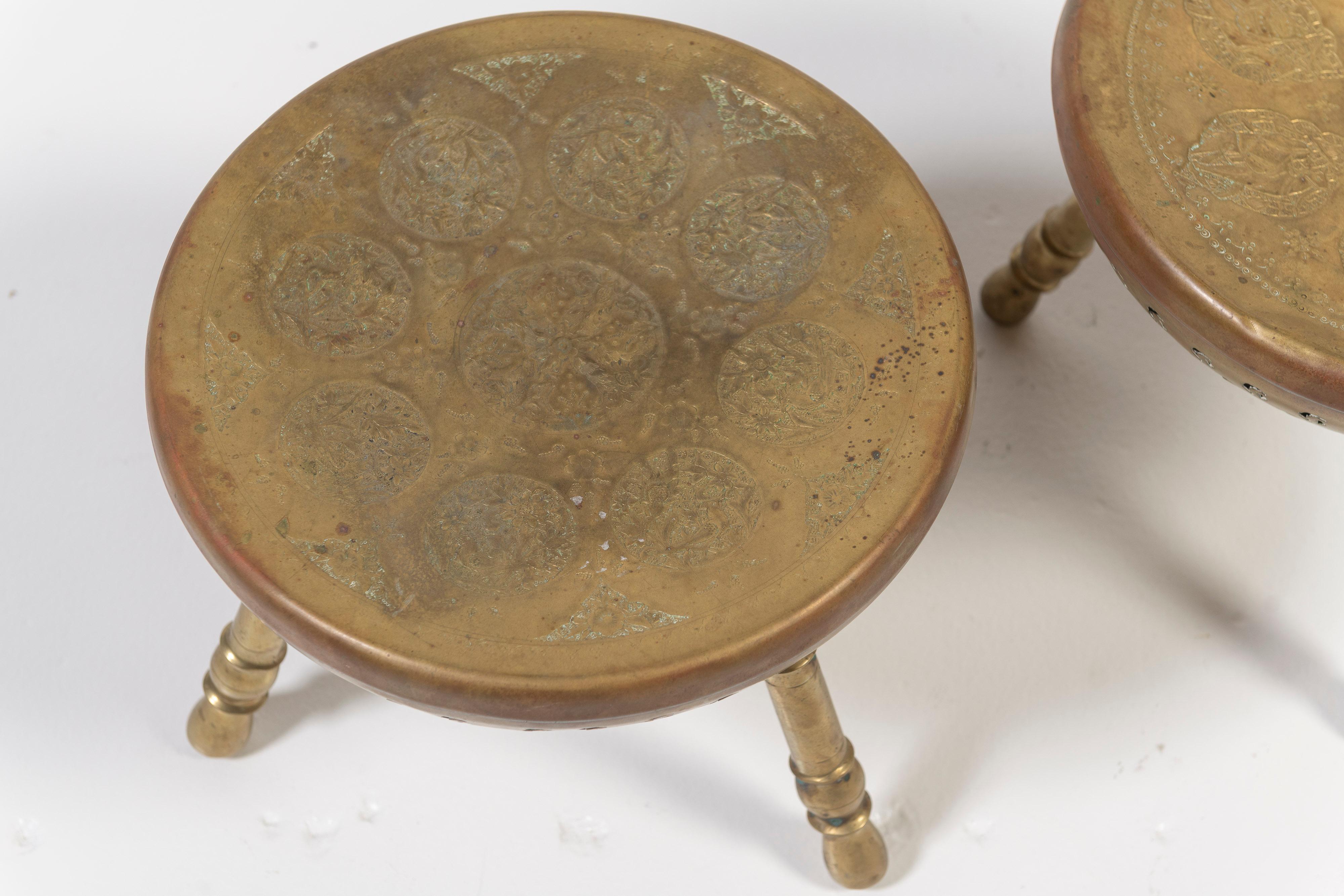 Pair of Vintage Persian Tri-Legged Brass Brazier Foot Stools with Floral Motif 3