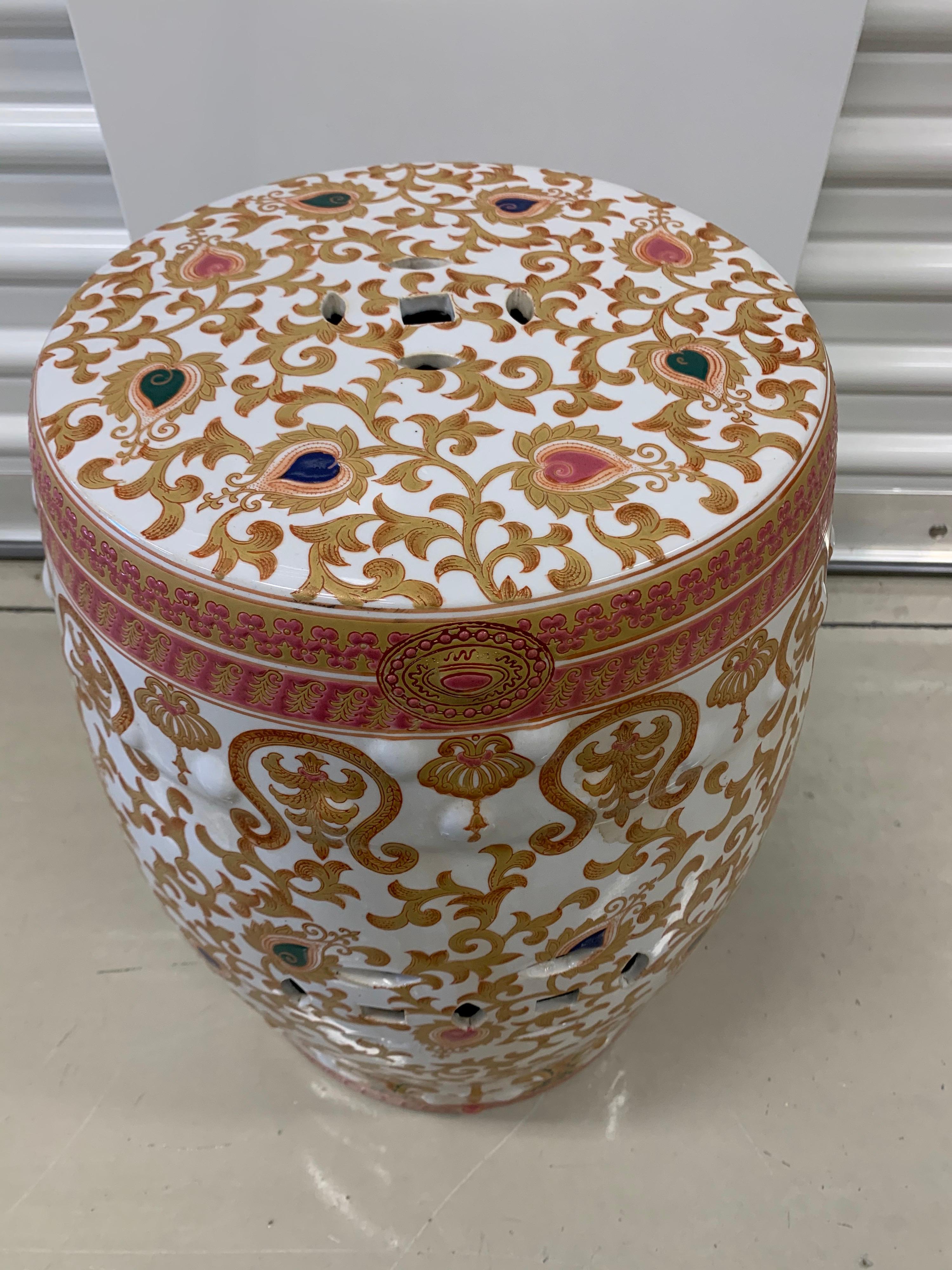 Pair of Vintage Persimmon, Gold and White Asian Porcelain Ceramic Garden Stools In Good Condition In West Hartford, CT