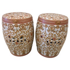 Pair of Vintage Persimmon, Gold and White Asian Porcelain Ceramic Garden Stools