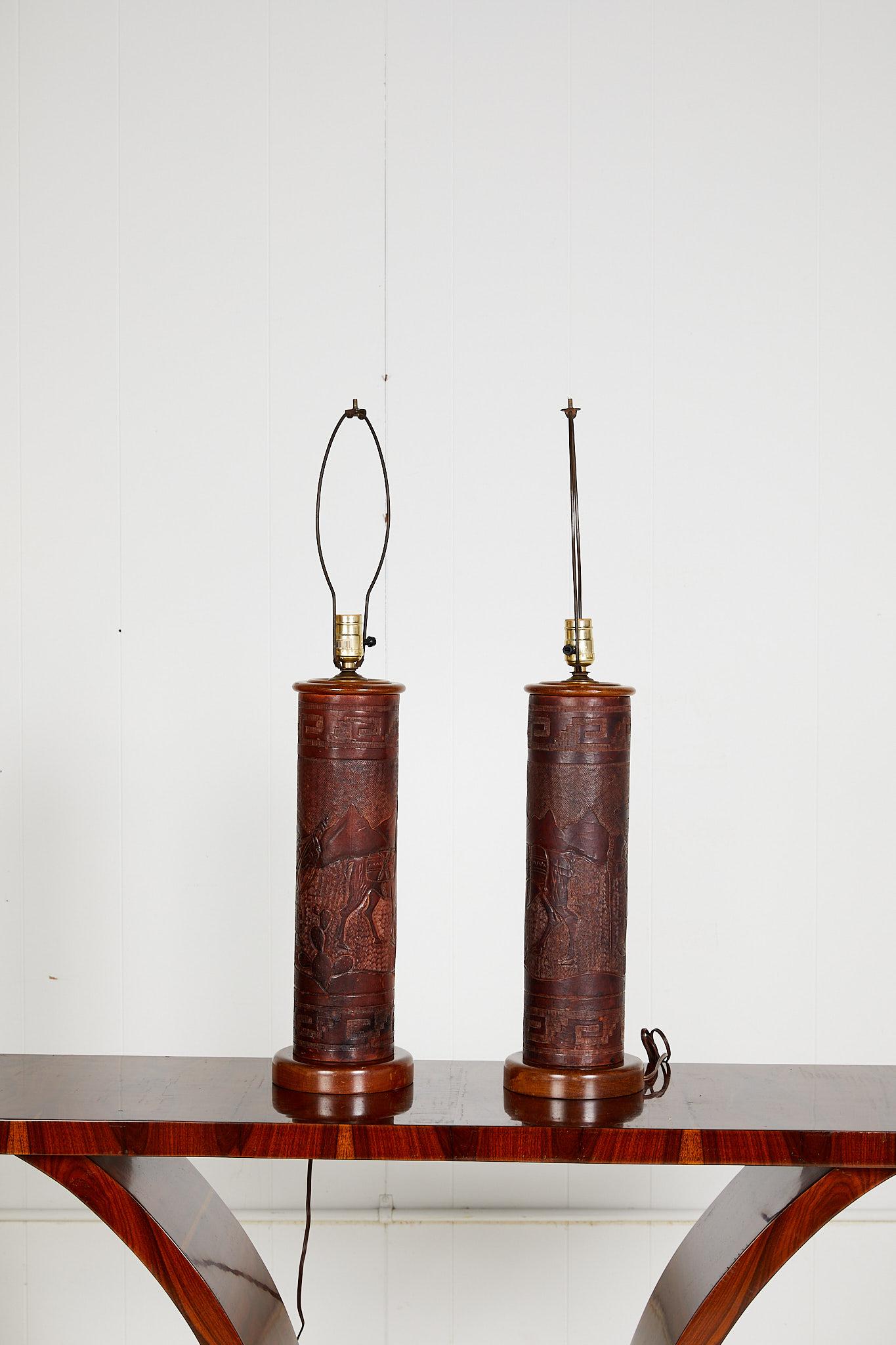 Pair of Vintage Peruvian Leather Lamps with Llama and Greek Key Decorations For Sale 3