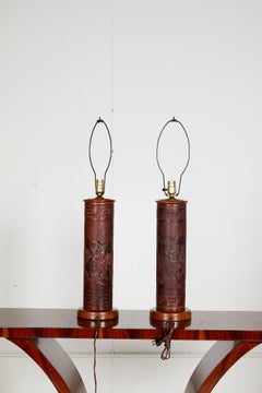 Pair of Vintage Peruvian Leather Lamps with Llama and Greek Key Decorations