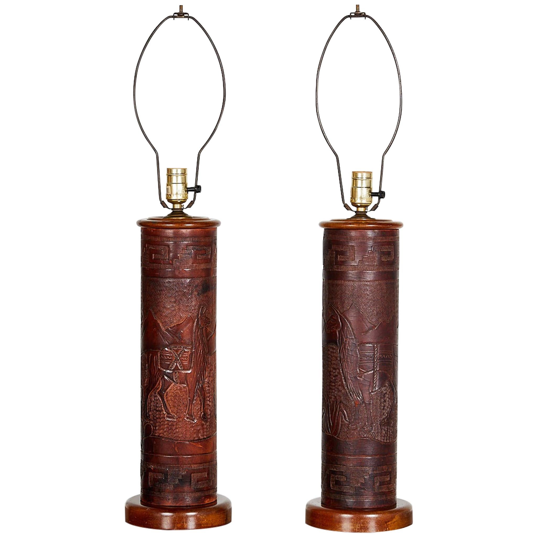 Pair of Vintage Peruvian Leather Lamps with Llama and Greek Key Decorations For Sale