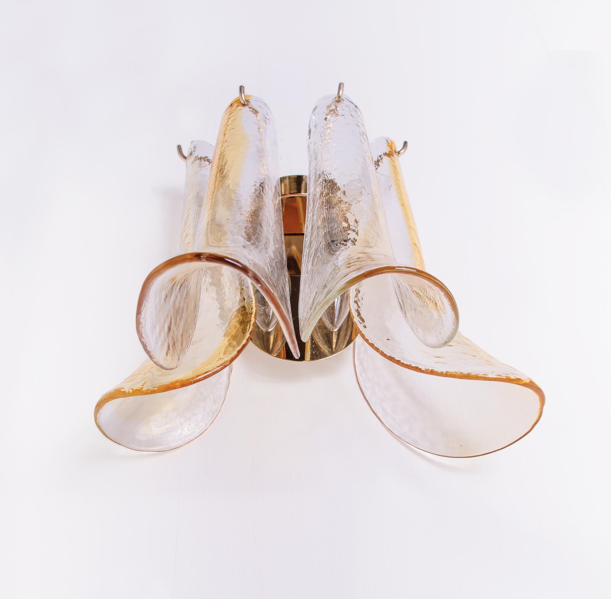 Italian Pair of Vintage Petal Wall Sconces in Amber and Clear Murano Glass, Italy For Sale