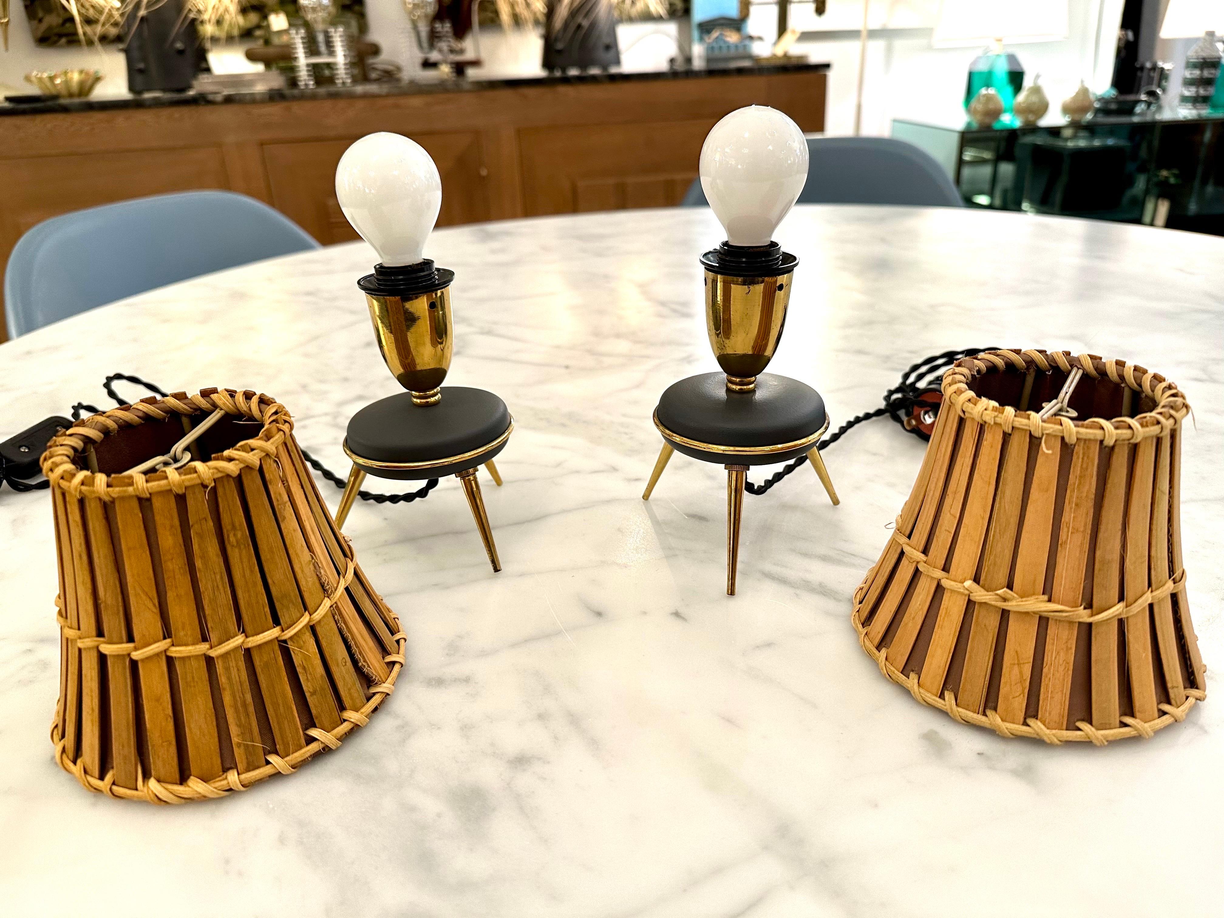 Italian Pair of Vintage Petite Sputnik Table Lamps w/ Rattan Shades