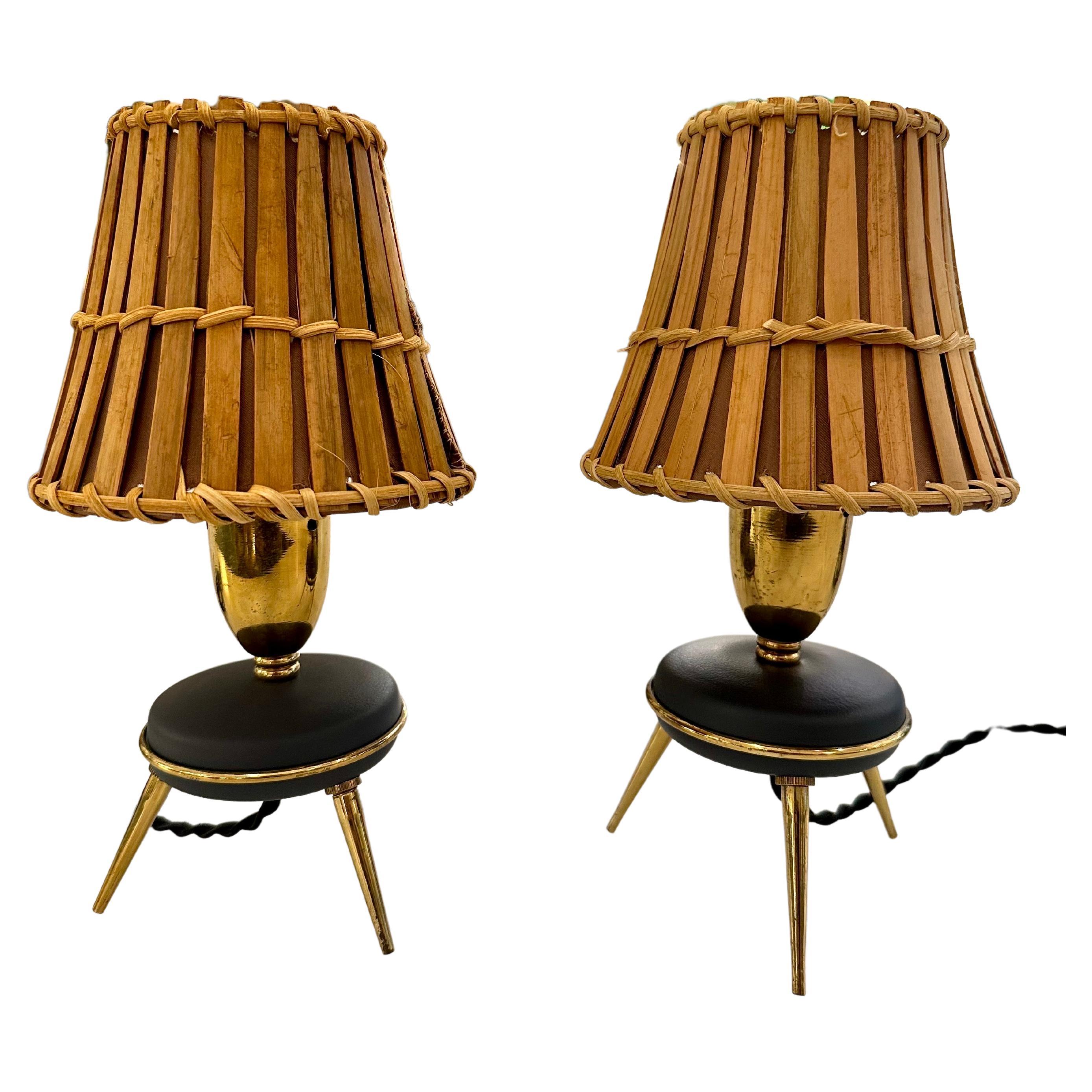 Pair of Vintage Petite Sputnik Table Lamps w/ Rattan Shades