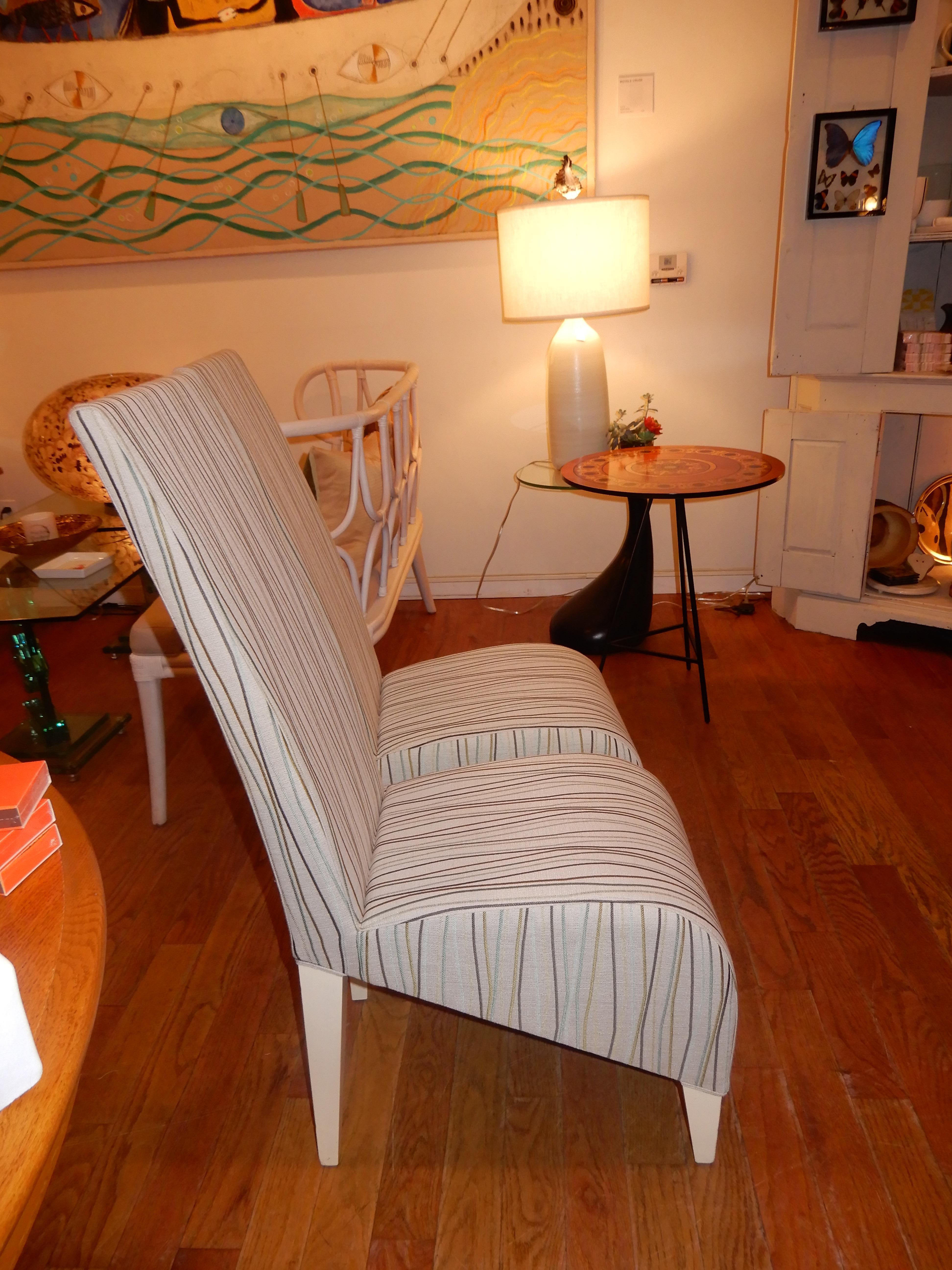 Pair of Phillipe Starck newly upholstered high back chairs. Designed in the 1980s for The New York Paramount Hotel.
Gorgeous lemon grass pattern fabric by Clarence House of London.