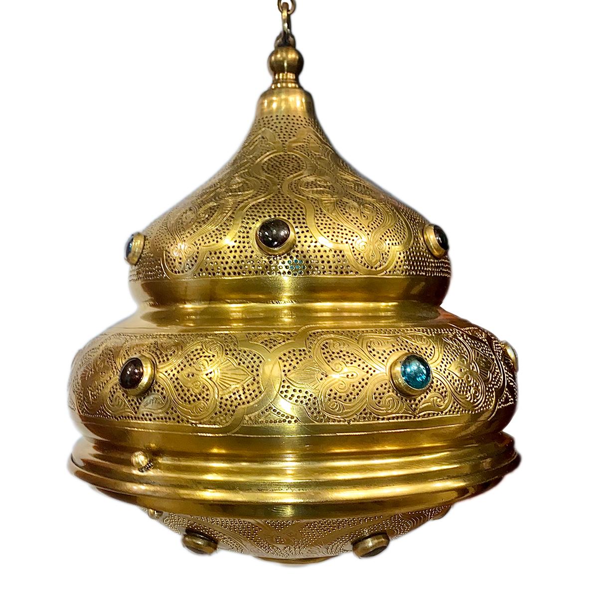 A pair of 1950's pierced brass lantern with glass and stone insets. Single interior light.

Measurements:
Diameter: 12