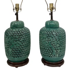 Pair of Vintage Pierced Porcelain Lamps