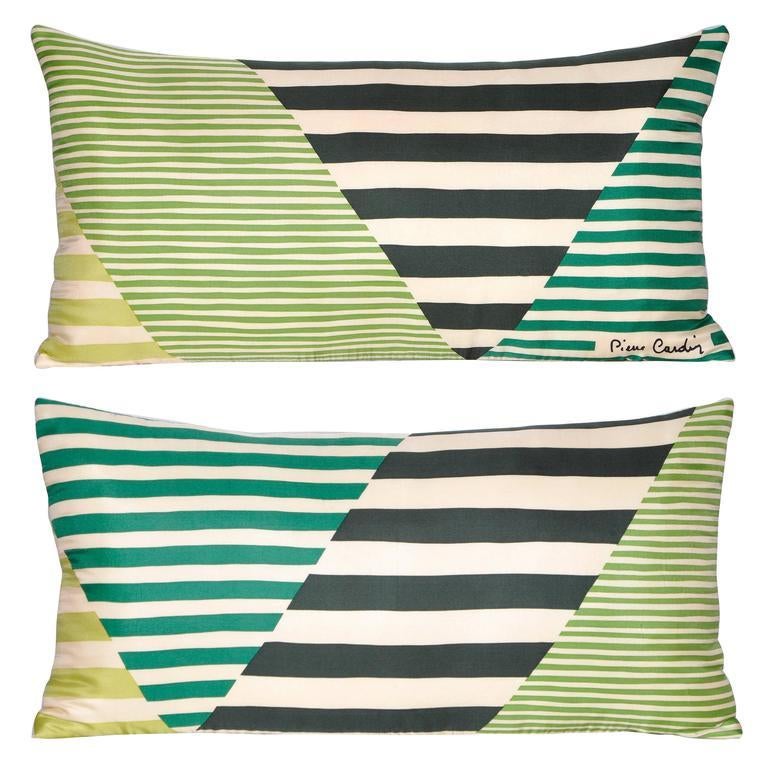 Pair of Vintage Pierre Cardin Green Geometric Silk Fabric & Irish Linen Pillows For Sale