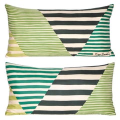 Pair of Retro Pierre Cardin Green Geometric Silk Fabric & Irish Linen Pillows