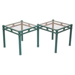 Pair of Vintage Pierre Vandel Paris Green Metal Lamp Side Table with Glass Top