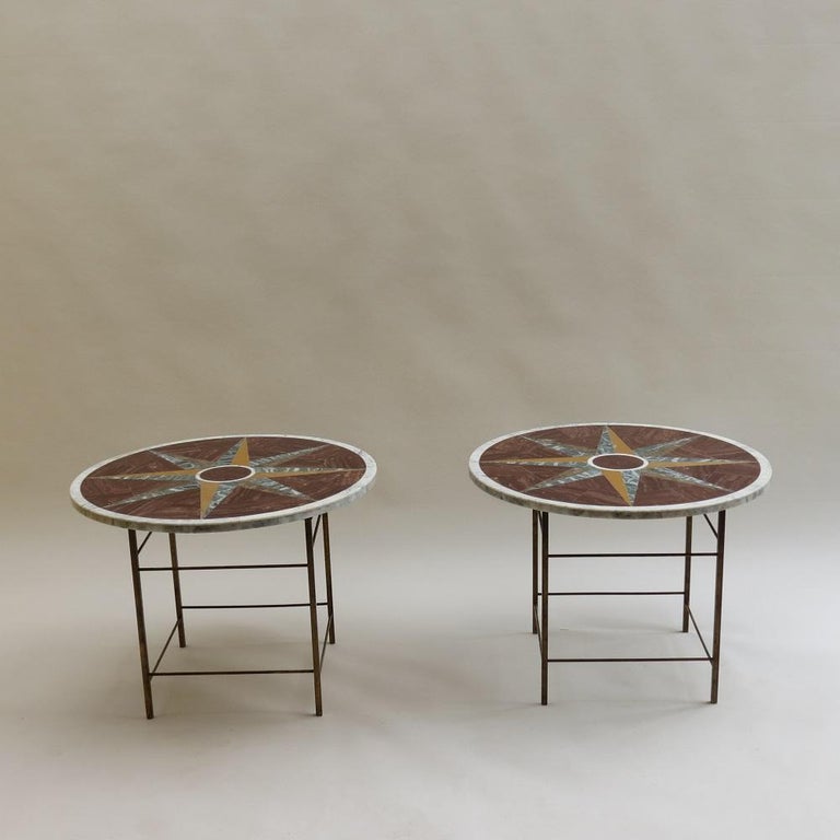 Pair of Vintage Pietra Dura Italian Marble and Brass Tables Geometric