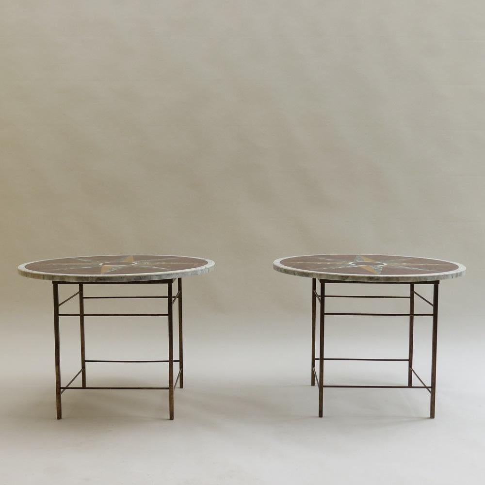 Machine-Made Pair of Vintage Pietra Dura Italian Marble and Brass Tables Geometric Pattern