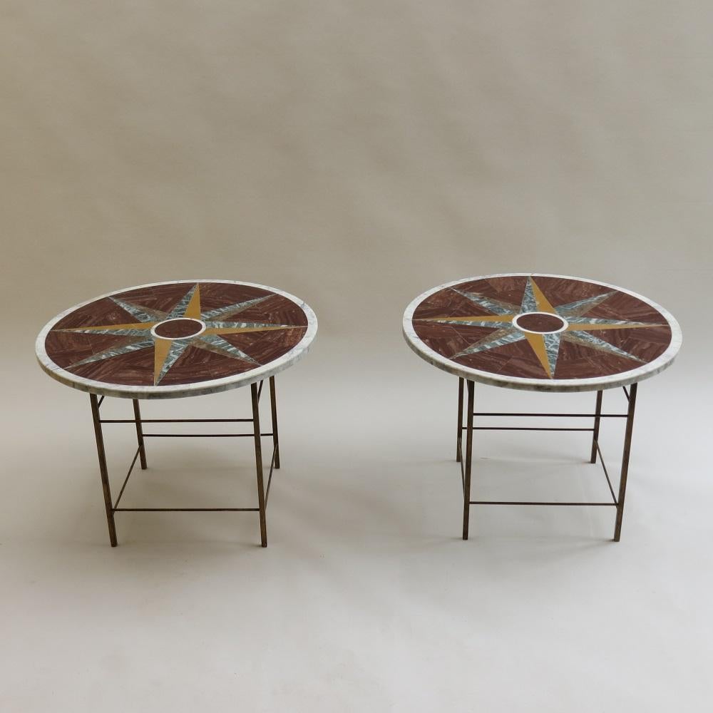 Pair of Vintage Pietra Dura Italian Marble and Brass Tables Geometric Pattern In Good Condition In Stow on the Wold, GB