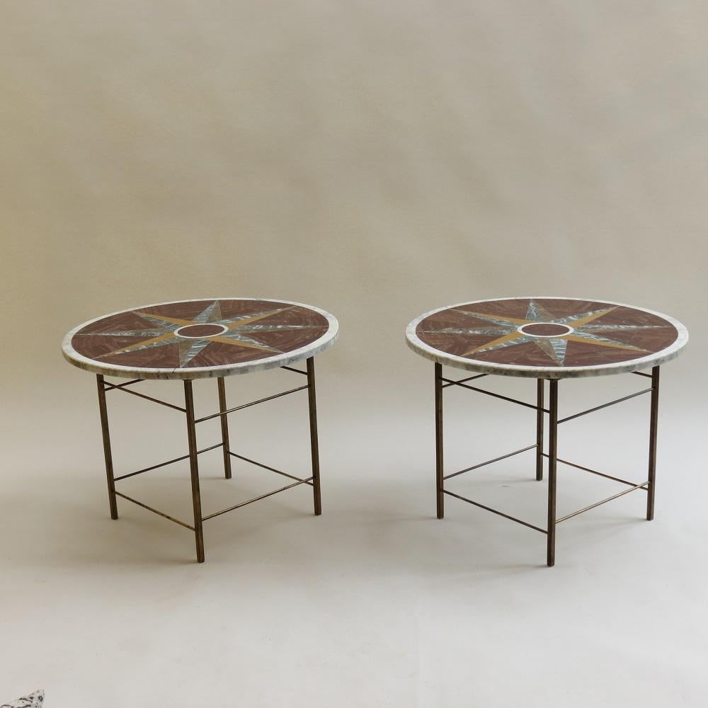 Pair of Vintage Pietra Dura Italian Marble and Brass Tables Geometric Pattern 1