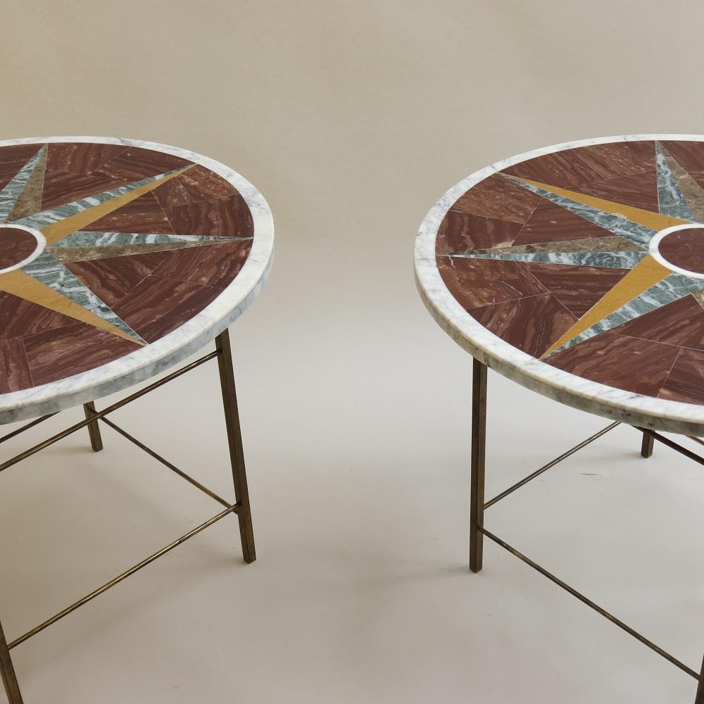 Pair of Vintage Pietra Dura Italian Marble and Brass Tables Geometric Pattern 2